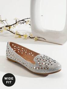 SHUZIA Women's Round Toe Laser-Cut Rhinestone Glitter Silver Slip-On Loafer Flat–Lightweight, Breezy & Eye-Catching