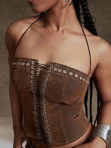 Denimoi 天鹅绒牛仔系带镂空束身胸衣，O形环细节，性感上衣，适合夜店、音乐会等场合穿着 - 棕色 - 查看 2