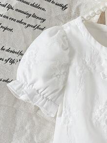 1pc Baby Girls' Round Neck Short Puff Sleeve Jacquard Bow Decor Apricot White Elegant Cute Summer Party Dress,Pleated Skirt Vintage Christening Lace - White - View 7