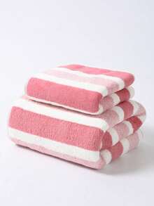 2pcs Simple Wide Striped Coral Velvet Soft, Water Absorbing, Non Shedding (Light And Thin) LWiping Headbands, Handkerchiefs, Washing Face And Bathing Towels Bathroom Decoration 40 * 80 Towels+90 * 170 Large Bath Towels Set - Multicolor - View 8
