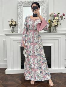 Yasmyna Women's Notched Neck Floral Print Ruched Waist Flare Sleeve Arabic Style Dress - Multicolor - View 7