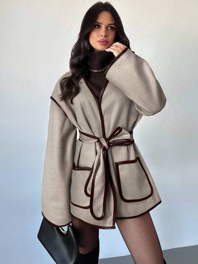 Firerie Manteau oversize élégant et décontracté pour femmes, avec ceinture à la taille, bordure fine en tweed de couleur contrastée. Idéal pour l'automne, l'hiver, l'école, le travail ou un usage casual.