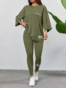 Mulvari 2pcs Women Casual Letter Print T-Shirt And Skinny Pants Set Jogger Sets For Women Comfy Sets Women 2 Piece Lounge Sets Woman 2 Piece Casual Sets Woman - Army Green - View 6
