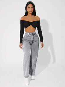 SHEIN PETITE High Waist Tapered Washed Denim Casual Pants - Light Grey - View 6