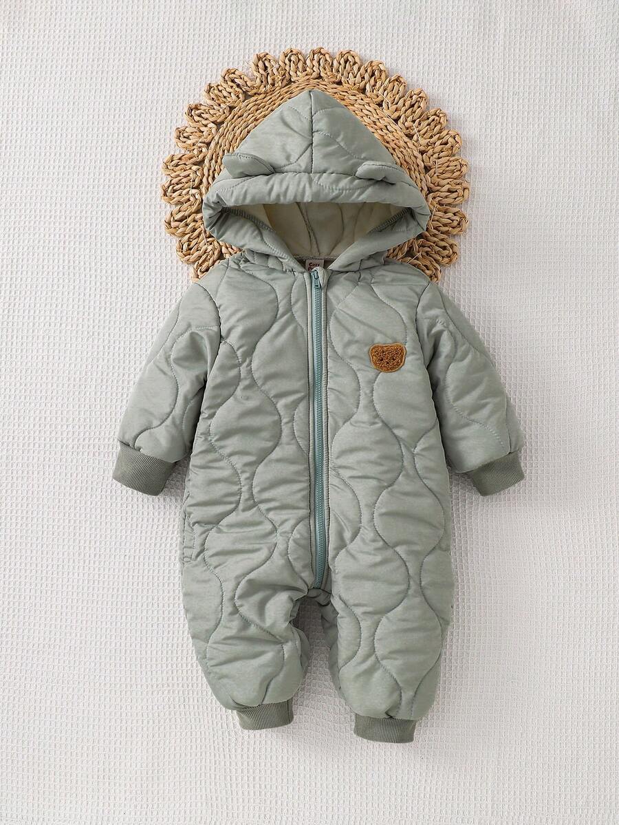 Cozy Pixies Baby Boy Bear Graphic Hooded Warm Jumpsuit, Winter Baby Hooded Quilted Snowsuit Baby Winter Jumpsuit Warm Jumpsuit For Baby Boy Baby Winter Clothing - Mint Green - View 1