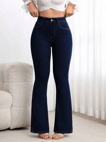 SHEIN Essnce Women's Casual Commuting Washed Bell-Bottom Jeans - Royal Blue - View 4