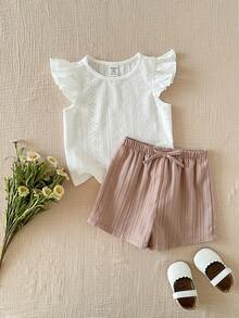 两件套可爱女婴休闲简约白色上衣和短裤套装，返校季，时尚套装，母女装 - 白色 - 查看 1