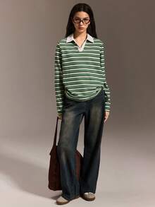 Teenage Girls' Long Sleeve T-Shirt, Green Striped Collar Patchwork Casual Top, Suitable For Autumn/Winter Vacation, Shopping, Travel, Can Be Paired With Jeans, Sweatpants, Fashion Minimalist Korean Style - Green - View 4