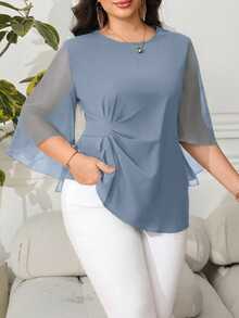 Reflora Plus Size Women's Elegant Chiffon Ruffle Sleeve Slim Fit Blouse, Spring/Summer - Dusty Blue - View 1
