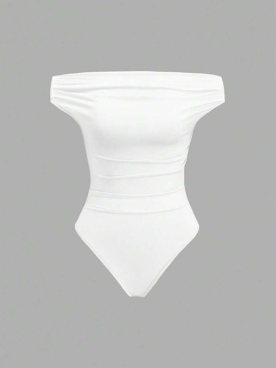 Sweetra 女士纯色褶皱露肩连体衣，修身百搭 - 白色 - 查看 1