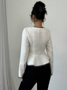 Selianne 女式优雅撞色饰边蝴蝶结装饰收腰衬衫，秋季 - 杏色 - 查看 2