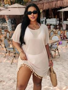 Swim Vcay 大码女式纯色圆领短袖流苏下摆罩衫 - 杏色 - 查看 5