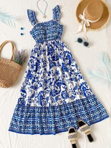 这款少女印花褶裥连衣裙，采用印花图案、喇叭袖和飘逸设计，并饰有少女连衣裙的点缀，适合派对、旅行、校园郊游和多季节穿着。 - 彩色 - 查看 7