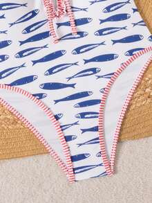 SHEIN Swim Vcay 针织假日派对户外沙滩性感数码印花海洋吊带花卉鱼红色白色多色蕾丝纯黑色定位印花无钢圈优雅夏季女士比基尼泳衣套装鱼印花泳衣荷叶边泳衣挂脖泳衣沙滩泳衣女士连体泳衣 - 彩色 - 查看 6