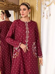 Al Najma Style Polka Dot Burgundy Elegant Party Maxi Dress & Traditional Arabic Long Robe For Women - Burgundy - View 6