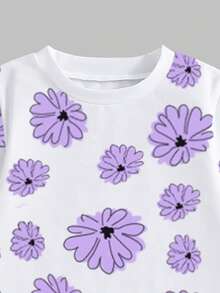 SHEIN Playful Pals 两件套休闲时尚春夏女童T恤和打底裤套装，花卉印花设计，适合上学、户外活动、聚会、送礼。 - 彩色 - 查看 6