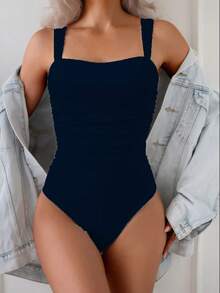 Swim Basics Springbreak 女士纯色褶皱肩带极简连体泳衣，节日波西米亚风 - 藏蓝色 - 查看 3
