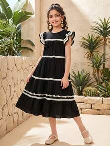 Travachic KIDS 少女度假休闲荷叶边黑色宽松连衣裙 - 彩色 - 查看 5