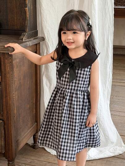 Young Girl Girls Casual Comfortable Plaid Patchwork Colorblock Sleeveless Midi Dress