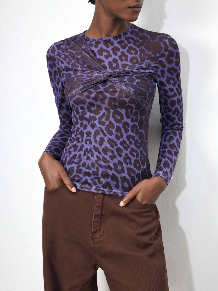 SHEIN Maija Women's Fashionable Leopard Print Twist Front Fitted Blouse