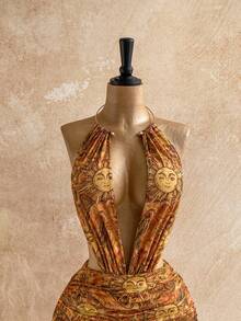 Soleia 女士性感复古图案网纱深V领串珠装饰紧身迷你连衣裙，适合节日派对、圣诞节、约会之夜、夜店、波西米亚风、度假、秋季等场合。 - 黃色 - 查看 6