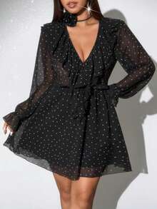 Viva Relle Valentine Plus Size Elegant Sexy Polka Dot Print Ruffle Hem Dress - Black - View 2
