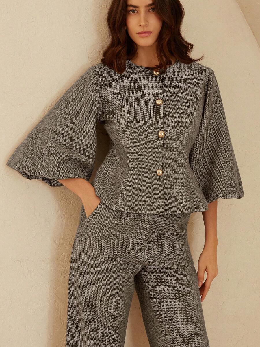 Aveloria Rosie Elegant Herringbone Puff Sleeve Cinched Waist Jacket And Pants Commuter Suit - Khaki - View 1