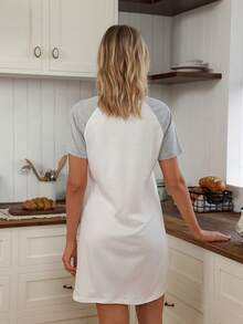 SHEIN Doze Lane 女士休闲撞色插肩袖V领套头T恤睡衣 - 白色 - 查看 2