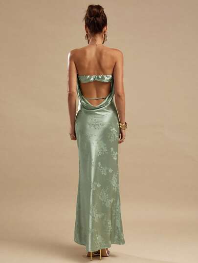 SHEIN BAE Spring & Summer Solid Color Sage Green, Pistachio Elegant Backless Tube Mermaid Satin Jacquard Dress, Suitable For Cocktail Party, Romantic Date, Gathering, Formal Event, Bridesmaid Dress, Valentine's Day Dress, Pink Dress, Bridesmaid Dress, Birthday Party Dress