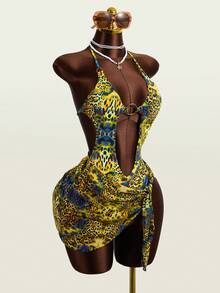 Zestiva 两件套女士豹纹镂空环泳衣罩衫，沙滩装，春夏款 - 彩色 - 查看 3