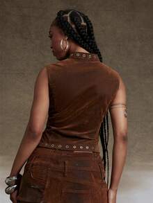 Denimoi 丝绒牛仔系带无袖上衣 演唱会服装 时尚街头风性感上衣 - 棕色 - 查看 4