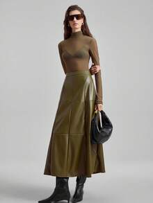 Ontre 2026春夏新款PU皮长款喇叭裙，都市通勤商务休闲风，适合OL、教师制服等场合，优雅大方，也适合情人节等场合，尽显夏日波西米亚风情。 - 軍綠色 - 查看 5