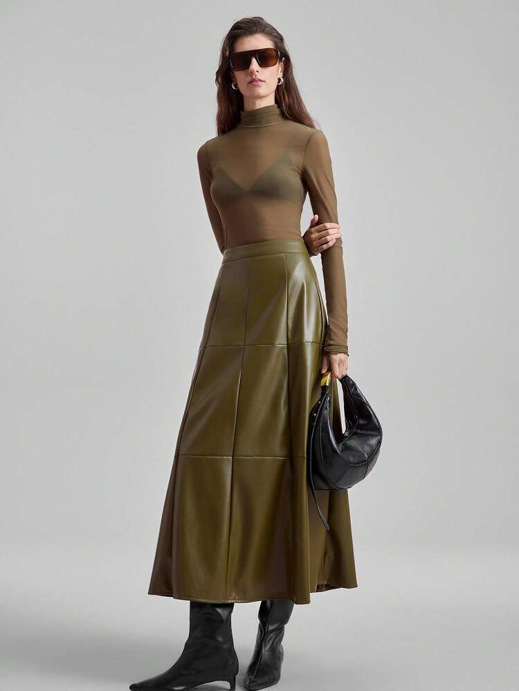 2026 Spring/Summer New PU Leather Long Flared Skirt, Urban Commute Business Casual, Office Lady , Teacher Uniform, Elegant Attire, Suitable For Valentine's Day, Summer Bohemian Style