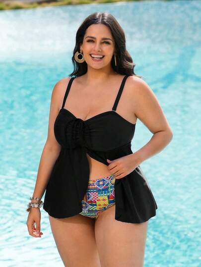 Swim Lushoire Elegant Bohemian Retro Print Pants + Black Versatile Swimwear Top, Plus Size Tankini Swimwear For Beach Holiday