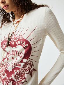 SoleilVie 春夏新款字母印花圆领休闲百搭长袖T恤，复古风，热转印爱心纹理面料，通勤百搭，柔软亲肤面料，适合户外穿着，新款女式上衣，新款女士红色T恤，女士印花T恤，情人节长袖T恤，女士印花T恤 - 米色 - 查看 2