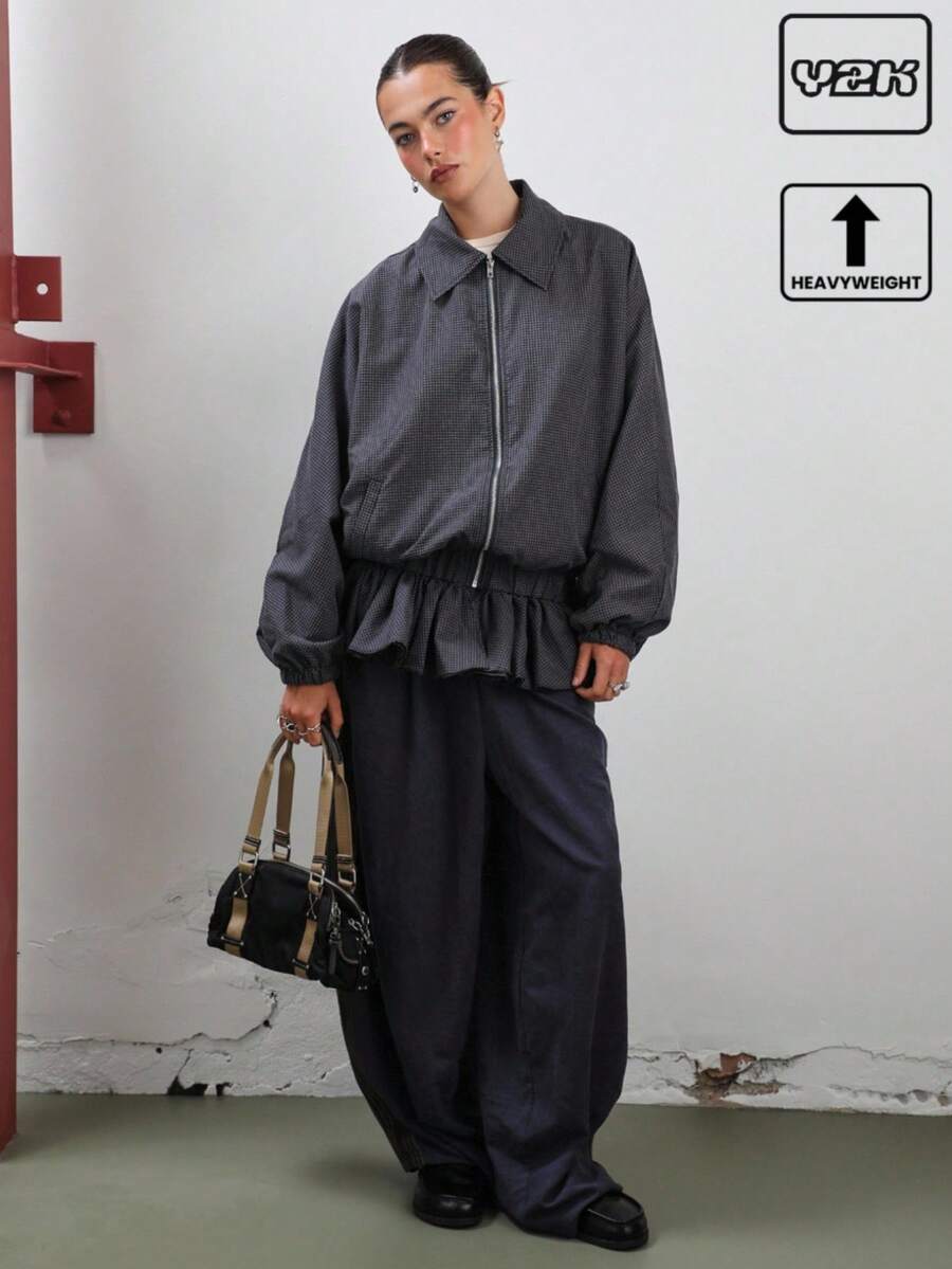 COUREZ Harrington Jacket With Frill Hem In Micro Check /Y2K Going Out Spring Club Outerwear Women Sexy Women's Spring Jacket Festivals - Black - View 1