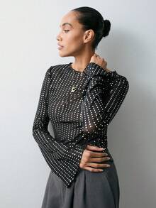 Maija Black Base Silver Polka Dot Fitted Waist Flare Sleeve Round Neck Minimalist Women Top, Versatile For Holidays And Urban Gatherings - Black - View 3