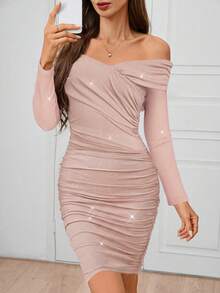 SHEIN Clasi Women's Elegant Sexy Off Shoulder Ruched Curve Glittery Party Dress