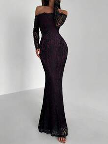 Aloruh Đầm bodycon dài tay dáng đuôi cá gợi cảm, trễ vai, ren, thích hợp cho tiệc cocktail và hẹn hò ngày Valentine. - Màu tím - Xem 1
