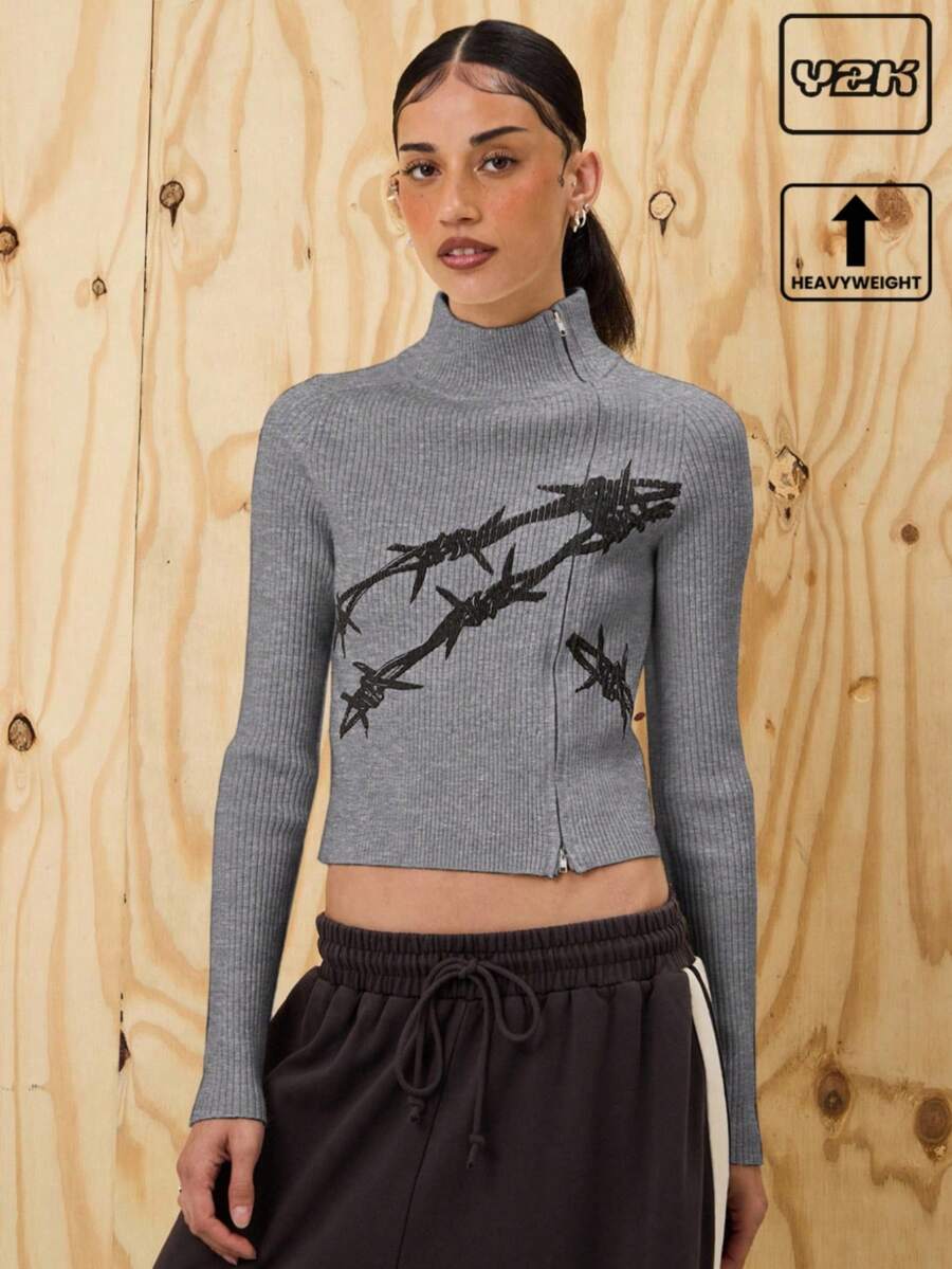 COUREZ Asymmetric Zip Up Fitted Rib Knit Jumper With Graphic /Y2K Going Out For Women Spring For Women Going Out Tops Rave Women's Spring Sweater - Grey - View 1