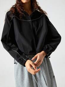 SoleilVie Women's Casual Daily Fashion Contrast Piping Zip-Up Drawstring Cropped Jacket, Spring/Autumn