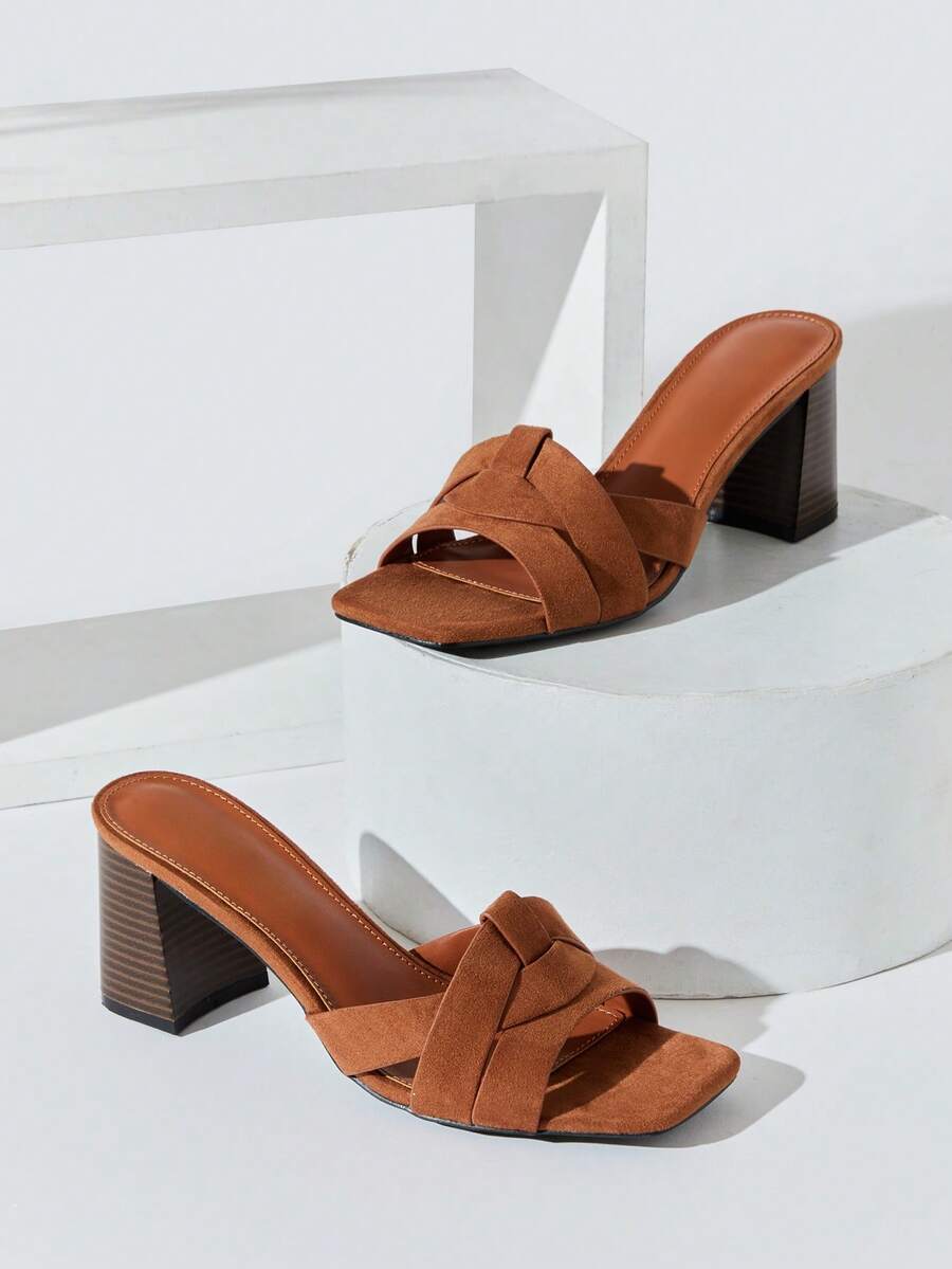 SHUZIA 时尚女士交叉粗跟套脚凉鞋 - 棕色 - 查看 1