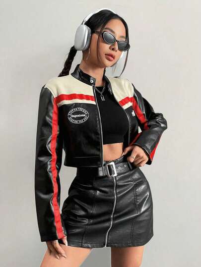 Chaqueta De Piel De PU Con Cremallera,Parche De Letra,Y Bloque De Color,Para Damas,Uso Casual De Primavera/Otoño, Manga Regular,Cuello Alto,Ajuste Regular,Color Albaricoque