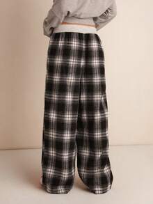 Easelle Women's Button Designed Loose Casual Plaid Wide Leg Pants