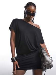 LYSMO 大码女式纯色不对称领蝙蝠袖休闲连衣裙