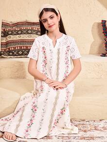 SHEIN 少女时尚印花露肩短袖连衣裙 - 白色 - 查看 6
