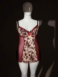 SHEIN Đồ lót gợi cảm cỡ lớn với họa tiết nhung cổ điển, phối lưới xuyên thấu, dáng chữ A hở lưng. - Màu Đỏ Sâu - Xem 6