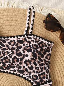 Tween Girls' Leopard Print Cutout One-Piece Swimsuit, Fashionable And Stylish Swimwear For Beach And Vacation - Multicolor - View 3