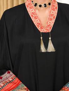 Al Najma Women's Patchwork Striped Print V-Neck Fringe Design Loose Arabic Dress Kaftan Jalabiya Dress - Black - View 6
