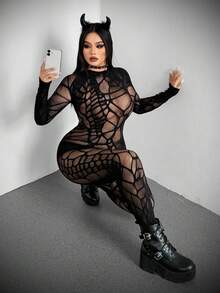 Whyspr 大码女士性感镂空长袖连体裤 - 黑色 - 查看 6